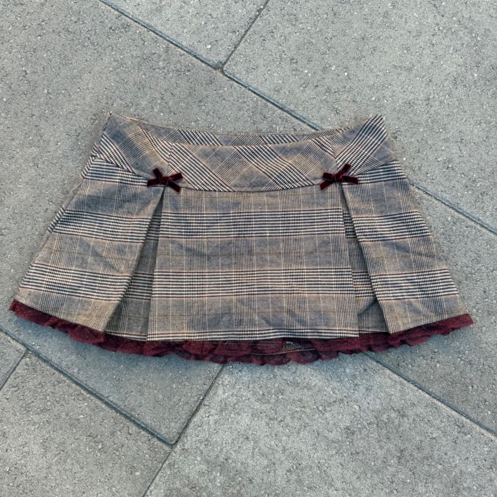 West of Melrose Plaid Pleated Micro Mini Skirt Brown Burgundy Lace Bows Small